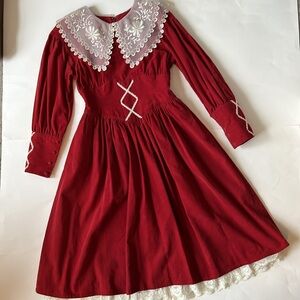 Vintage Womens Long Sleeve Embroidered Bib Red Dress Small